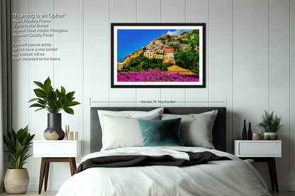 Positano Italy Canvas Print, Italy Photography, Amalfi Coast Photo, Photo Art, Positano Photography, Pink Flowers