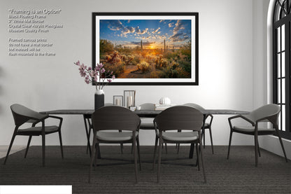 Sonoran Desert Sunrise, Carefree Arizona, backlit saguaro cactus and cholla cactus, Photography wall art