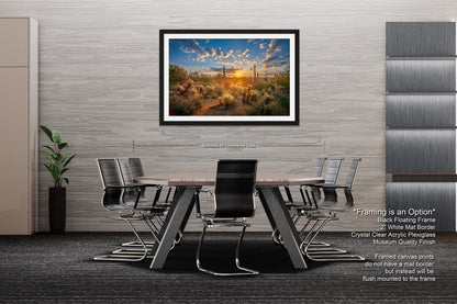 Sonoran Desert Sunrise, Carefree Arizona, backlit saguaro cactus and cholla cactus, Photography wall art