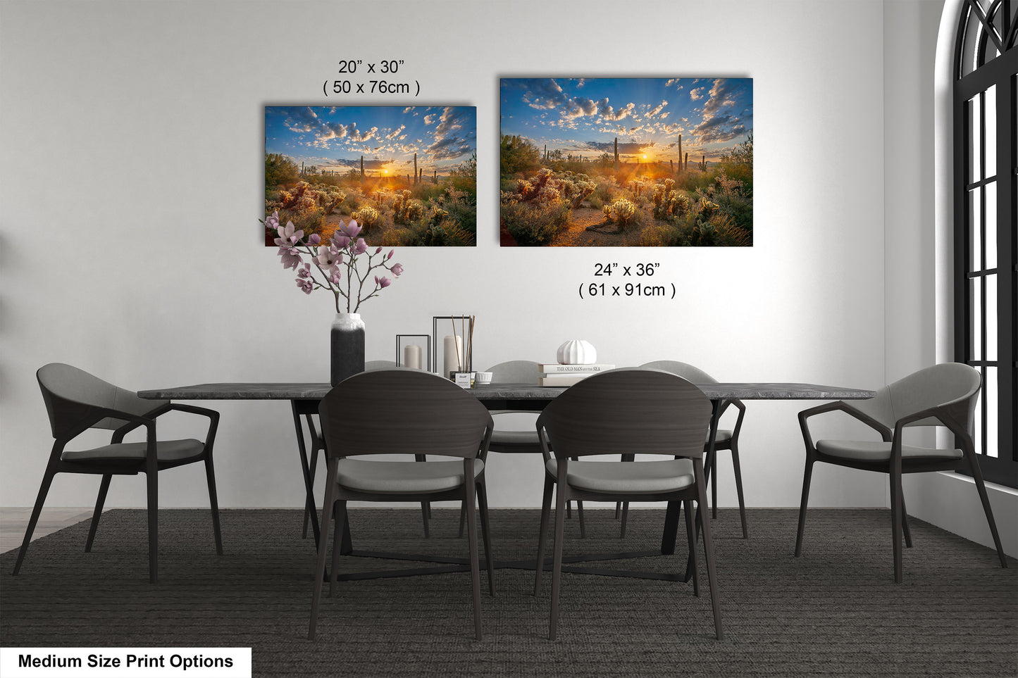 Sonoran Desert Sunrise, Carefree Arizona, backlit saguaro cactus and cholla cactus, Photography wall art