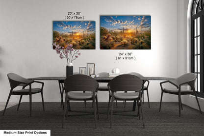Sonoran Desert Sunrise, Carefree Arizona, backlit saguaro cactus and cholla cactus, Photography wall art