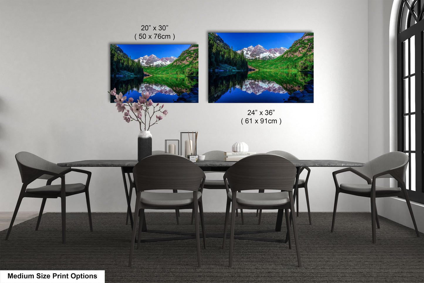 Reflections of Maroon Bells in spring, Aspen Colorado artwork, mountain lake, nature wall art, triptych, office decor,