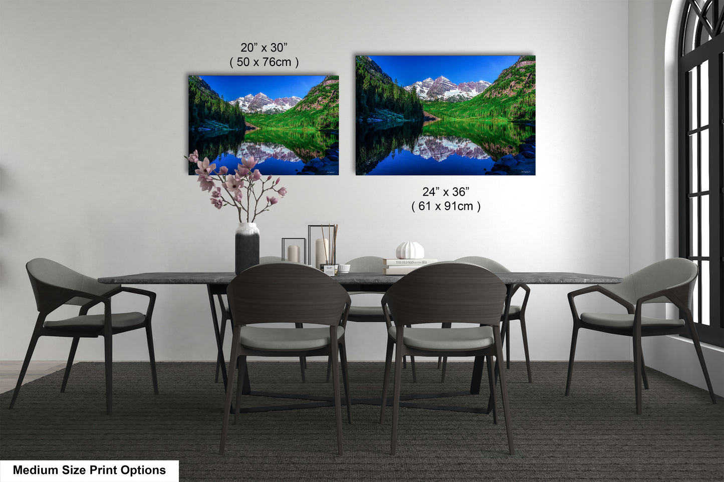 Reflections of Maroon Bells in spring, Aspen Colorado artwork, mountain lake, nature wall art, triptych, office decor,