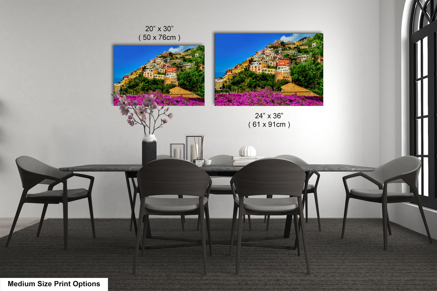 Positano Italy Canvas Print, Italy Photography, Amalfi Coast Photo, Photo Art, Positano Photography, Pink Flowers