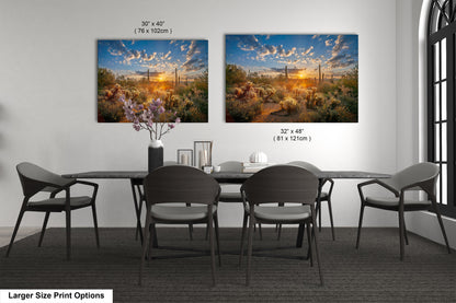 Sonoran Desert Sunrise, Carefree Arizona, backlit saguaro cactus and cholla cactus, Photography wall art