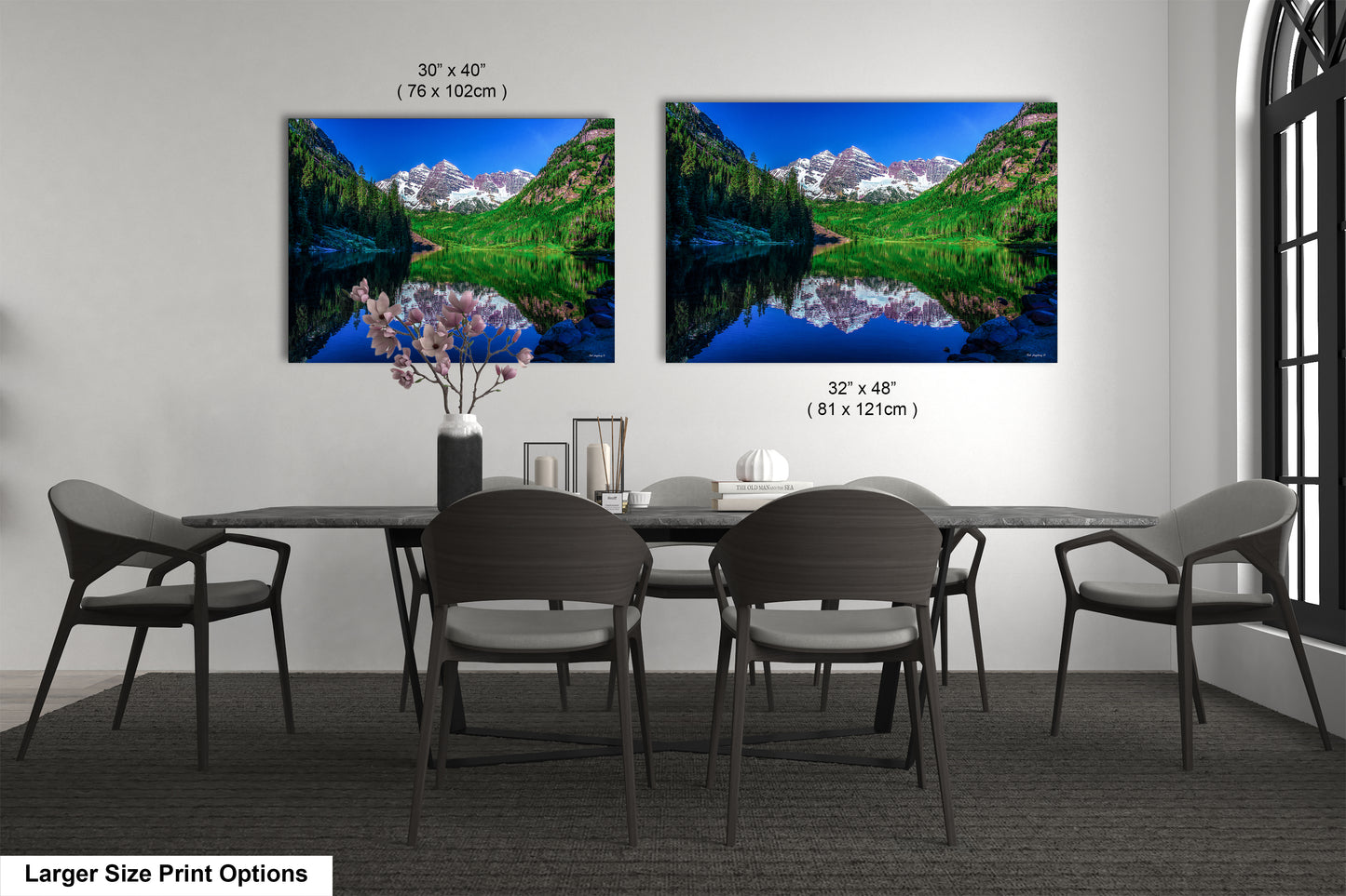 Reflections of Maroon Bells in spring, Aspen Colorado artwork, mountain lake, nature wall art, triptych, office decor,