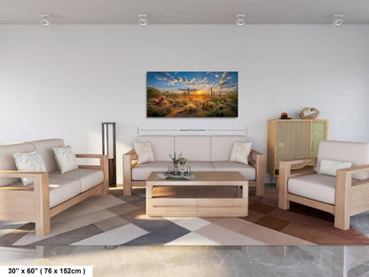 Sonoran Desert Sunrise, Carefree Arizona, backlit saguaro cactus and cholla cactus, Photography wall art
