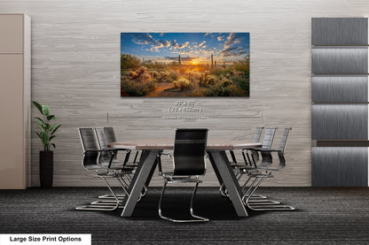 Sonoran Desert Sunrise, Carefree Arizona, backlit saguaro cactus and cholla cactus, Photography wall art