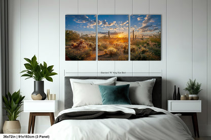 Sonoran Desert Sunrise, Carefree Arizona, backlit saguaro cactus and cholla cactus, Photography wall art