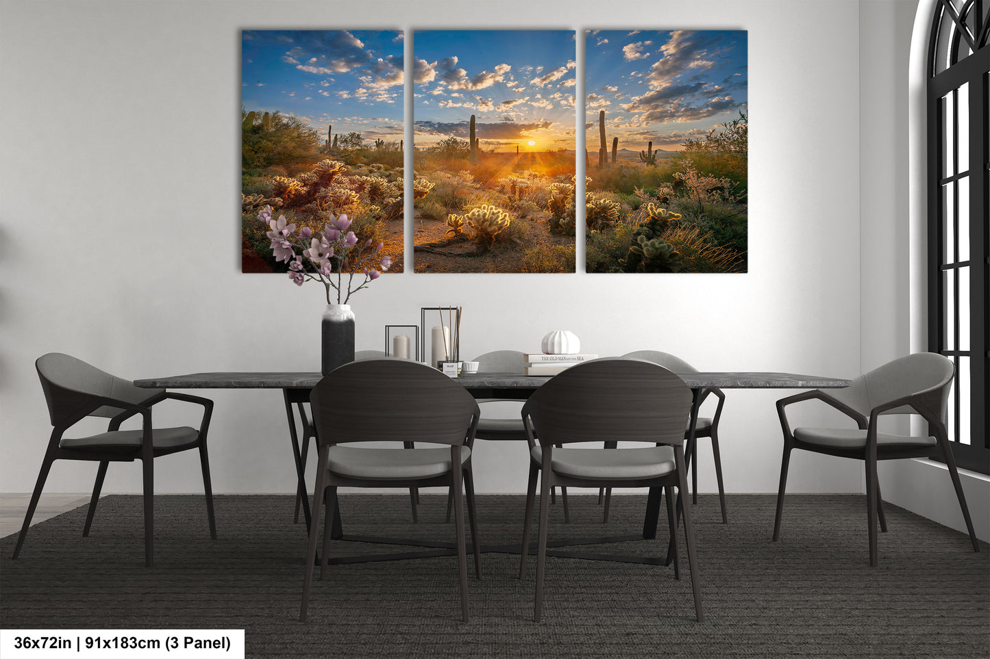 Sonoran Desert Sunrise, Carefree Arizona, backlit saguaro cactus and cholla cactus, Photography wall art