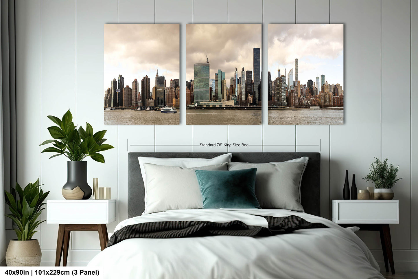 NYC skyline  east side metal print canvas print color photography daylight boat river  poster