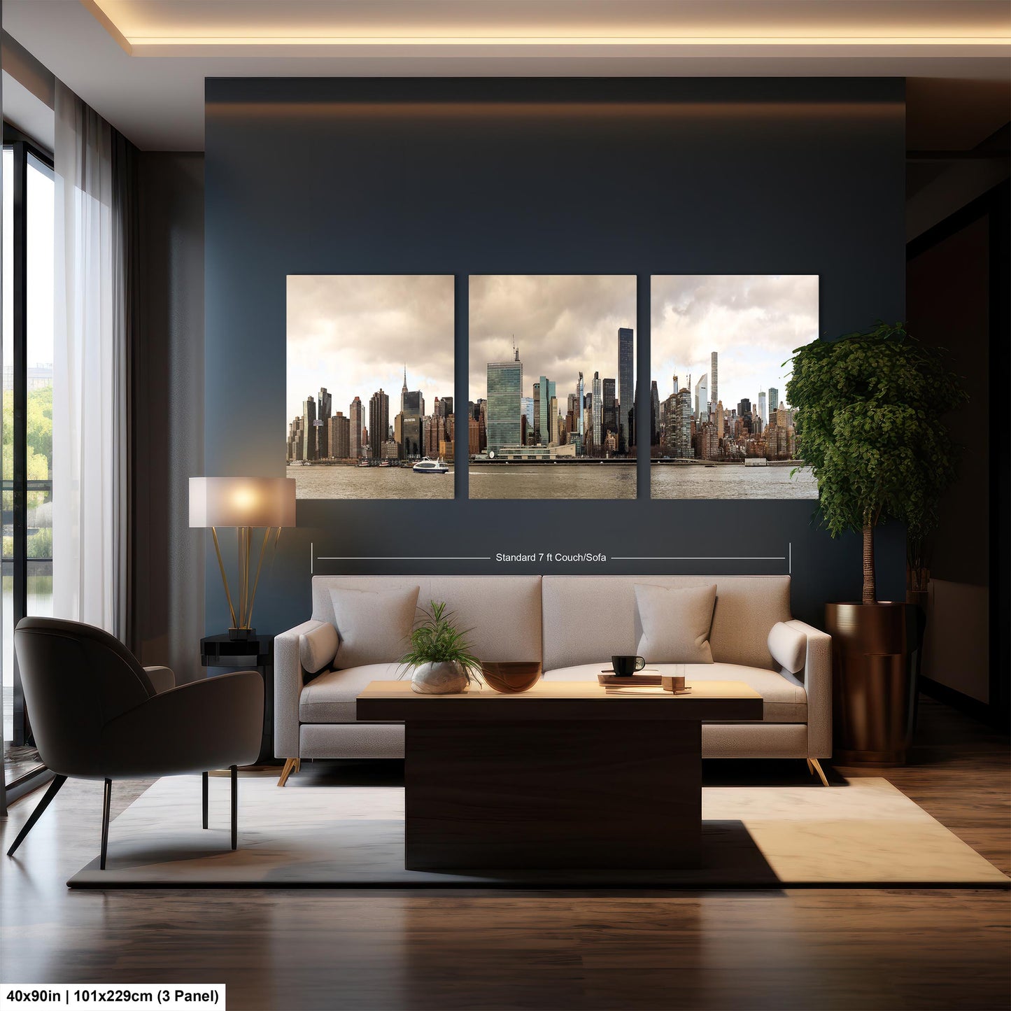 NYC skyline  east side metal print canvas print color photography daylight boat river  poster
