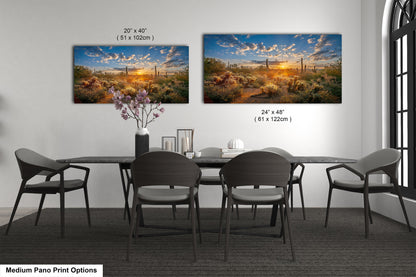 Sonoran Desert Sunrise, Carefree Arizona, backlit saguaro cactus and cholla cactus, Photography wall art