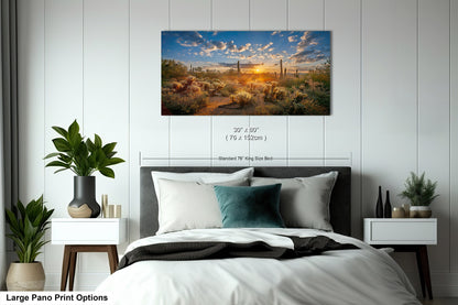 Sonoran Desert Sunrise, Carefree Arizona, backlit saguaro cactus and cholla cactus, Photography wall art