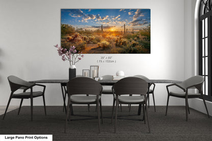 Sonoran Desert Sunrise, Carefree Arizona, backlit saguaro cactus and cholla cactus, Photography wall art