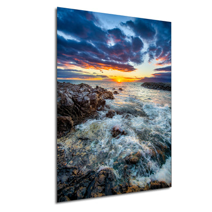 Vibrant Maui Sunset Photography Print – Dramatic Ocean Waves & Rocky Shoreline Wall Art