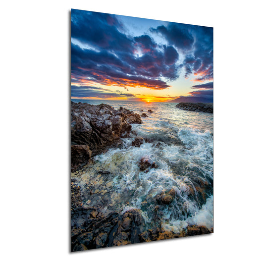 Vibrant Maui Sunset Photography Print – Dramatic Ocean Waves & Rocky Shoreline Wall Art