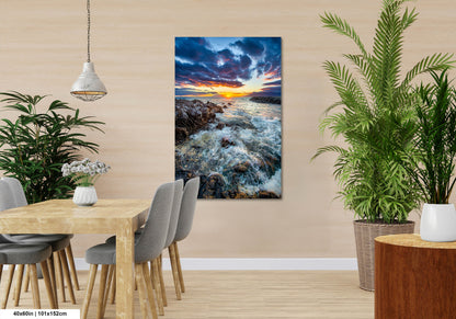 Vibrant Maui Sunset Photography Print – Dramatic Ocean Waves & Rocky Shoreline Wall Art