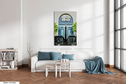 Paris Blue at Place Vendome, Iconic Obelisk, Elegant Blue Doors with Symmetrical Boxwood Greenery, Paris, France Photo Blend