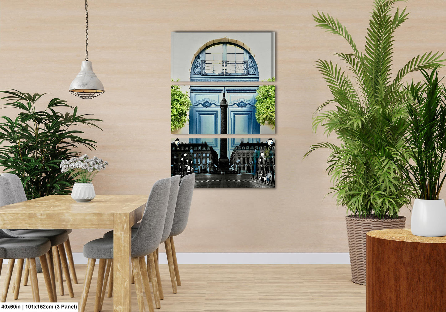 Paris Blue at Place Vendome, Iconic Obelisk, Elegant Blue Doors with Symmetrical Boxwood Greenery, Paris, France Photo Blend