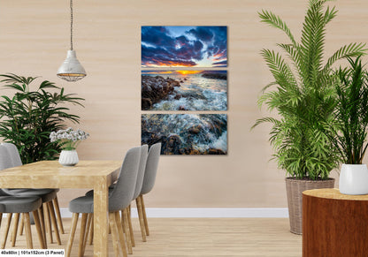 Vibrant Maui Sunset Photography Print – Dramatic Ocean Waves & Rocky Shoreline Wall Art