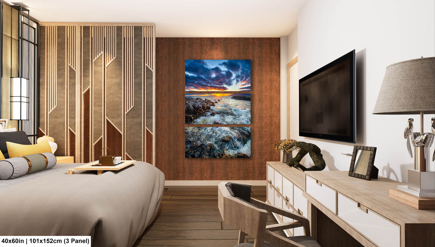 Vibrant Maui Sunset Photography Print – Dramatic Ocean Waves & Rocky Shoreline Wall Art
