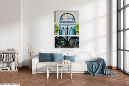 Paris Blue at Place Vendome, Iconic Obelisk, Elegant Blue Doors with Symmetrical Boxwood Greenery, Paris, France Photo Blend