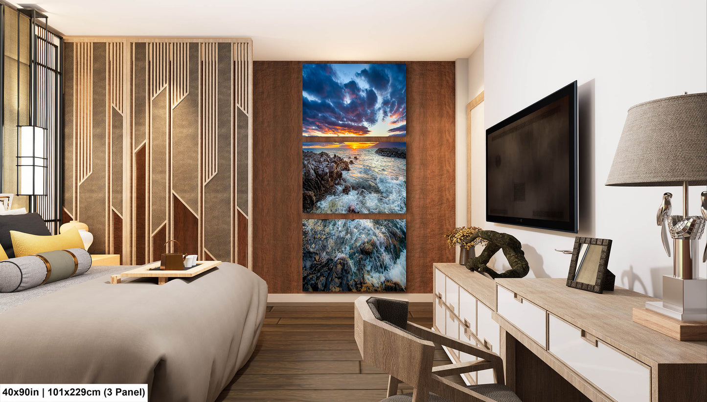 Vibrant Maui Sunset Photography Print – Dramatic Ocean Waves & Rocky Shoreline Wall Art