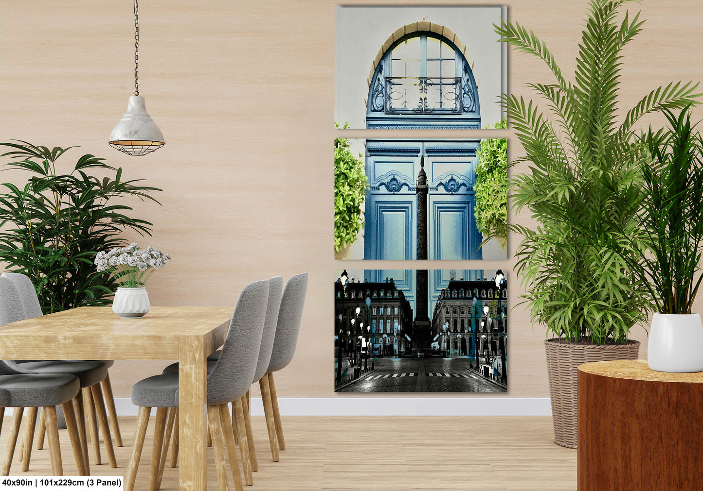 Paris Blue at Place Vendome, Iconic Obelisk, Elegant Blue Doors with Symmetrical Boxwood Greenery, Paris, France Photo Blend