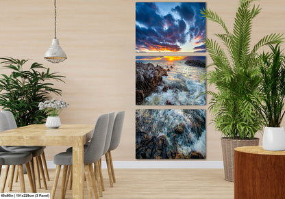 Vibrant Maui Sunset Photography Print – Dramatic Ocean Waves & Rocky Shoreline Wall Art