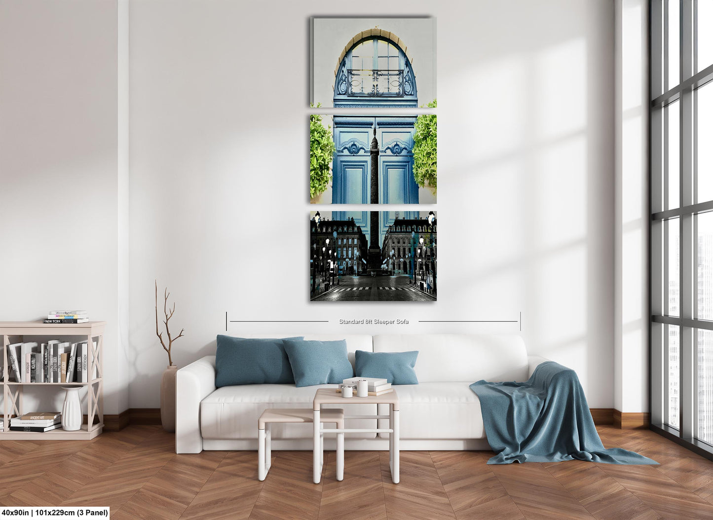 Paris Blue at Place Vendome, Iconic Obelisk, Elegant Blue Doors with Symmetrical Boxwood Greenery, Paris, France Photo Blend