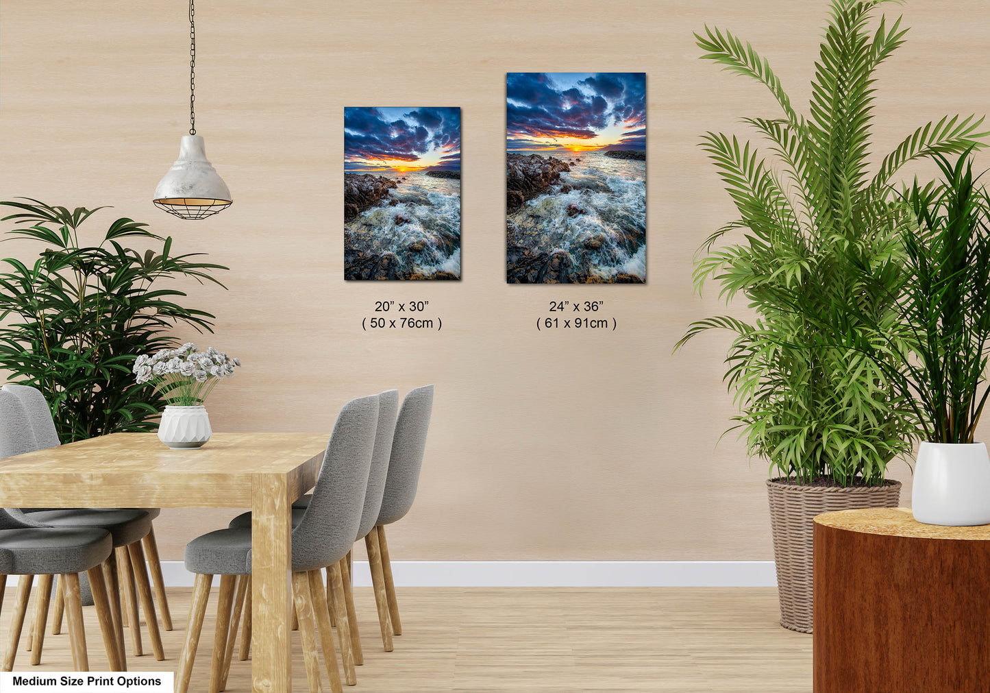 Vibrant Maui Sunset Photography Print – Dramatic Ocean Waves & Rocky Shoreline Wall Art
