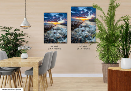 Vibrant Maui Sunset Photography Print – Dramatic Ocean Waves & Rocky Shoreline Wall Art