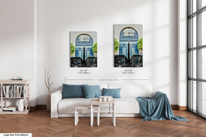 Paris Blue at Place Vendome, Iconic Obelisk, Elegant Blue Doors with Symmetrical Boxwood Greenery, Paris, France Photo Blend