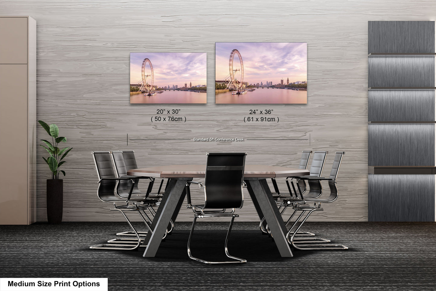 a dining room table with chairs and a picture of a ferris wheel