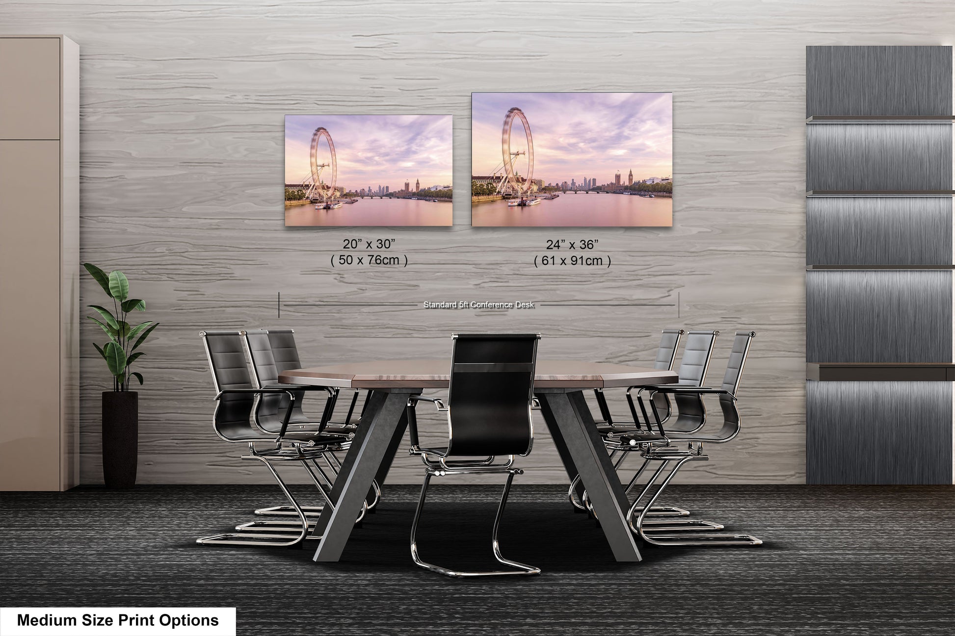 a dining room table with chairs and a picture of a ferris wheel