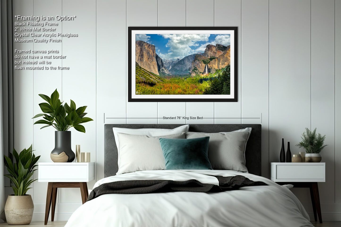 a bedroom with a bed and a picture hanging on the wall