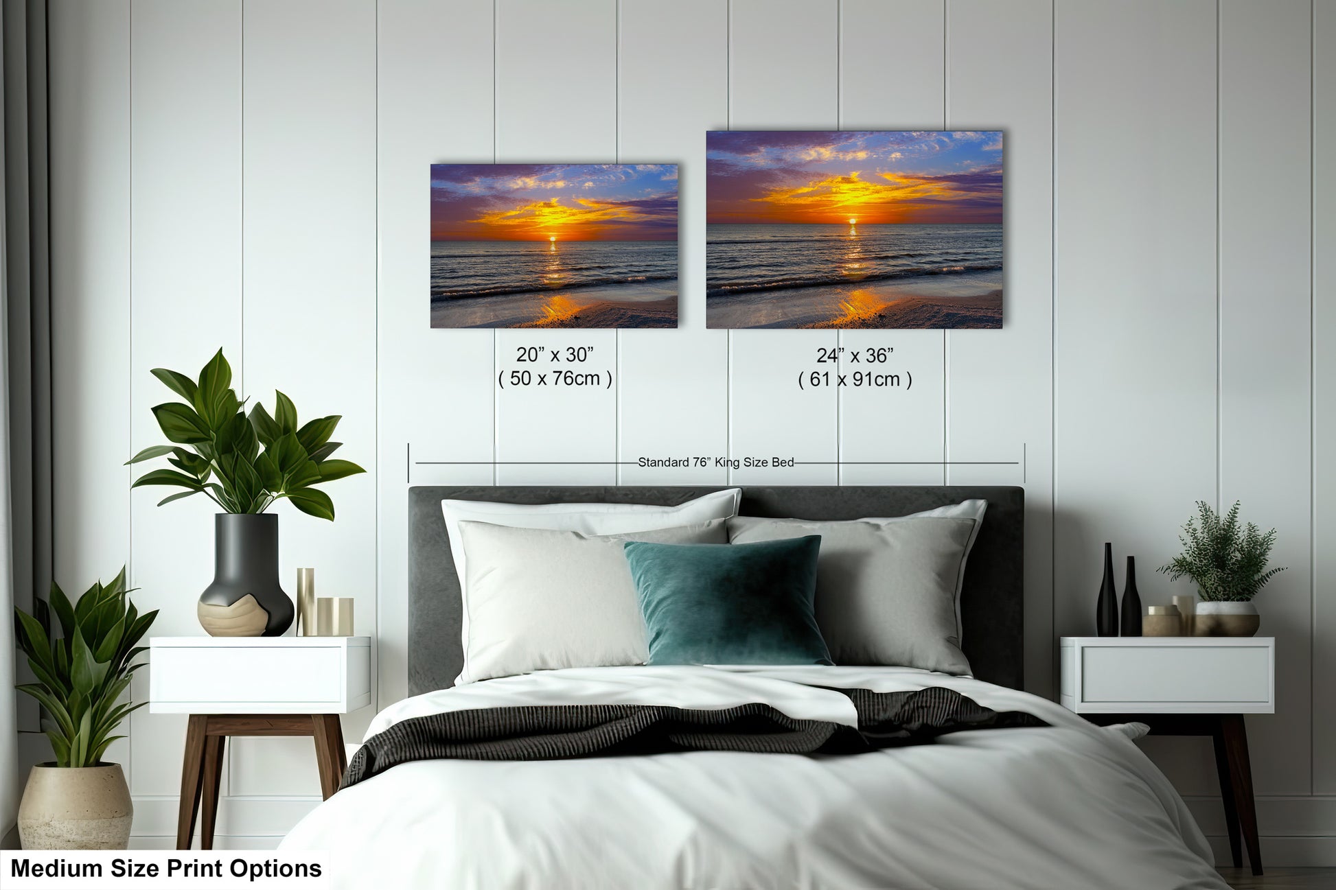 a bedroom with a bed and two pictures on the wall
