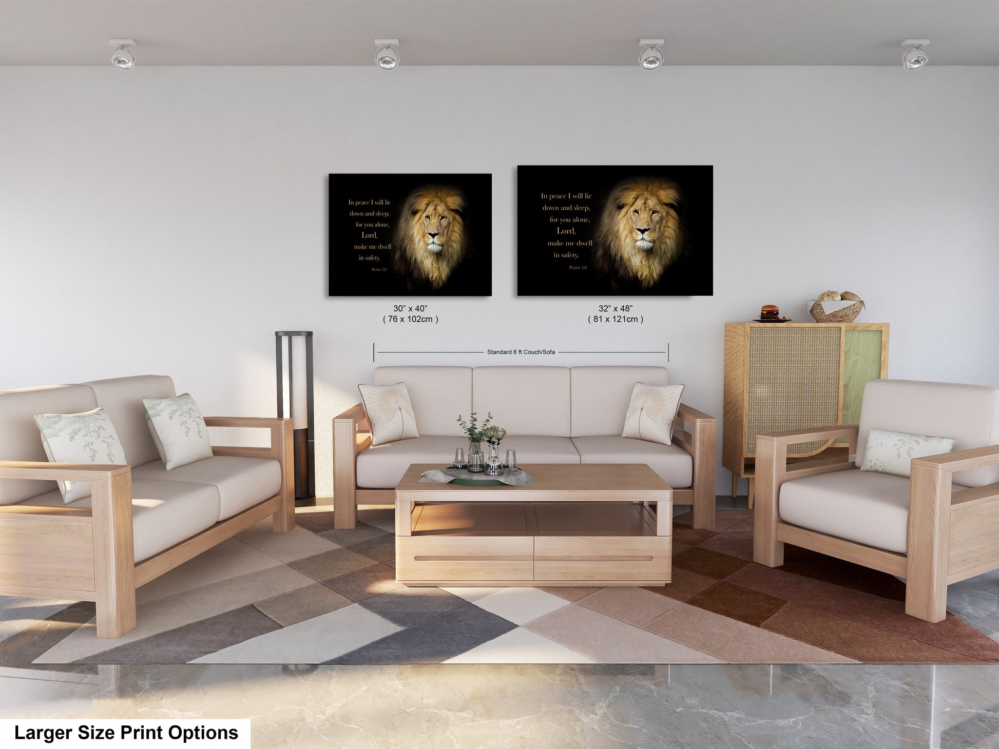 a living room with two pictures of lions on the wall