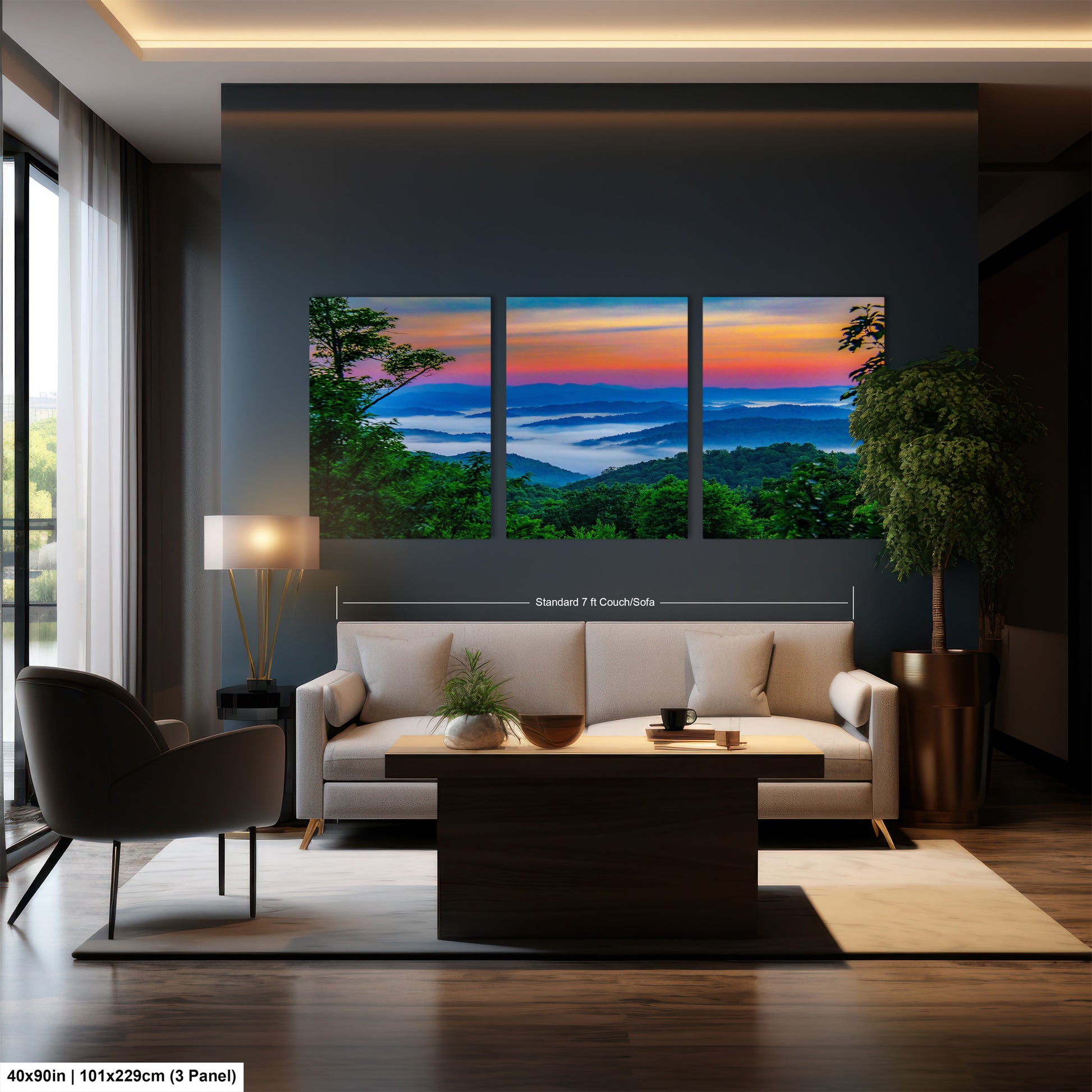 a living room filled with furniture and a painting on the wall