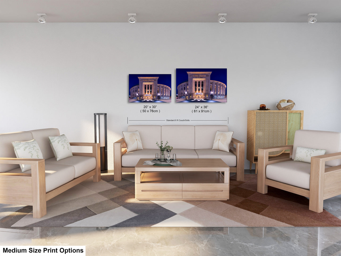 a modern living room with a white sofa, two chairs, and a coffee table. There are two framed pictures of a building on the wall, and the text indicates that the image is a medium size print option.