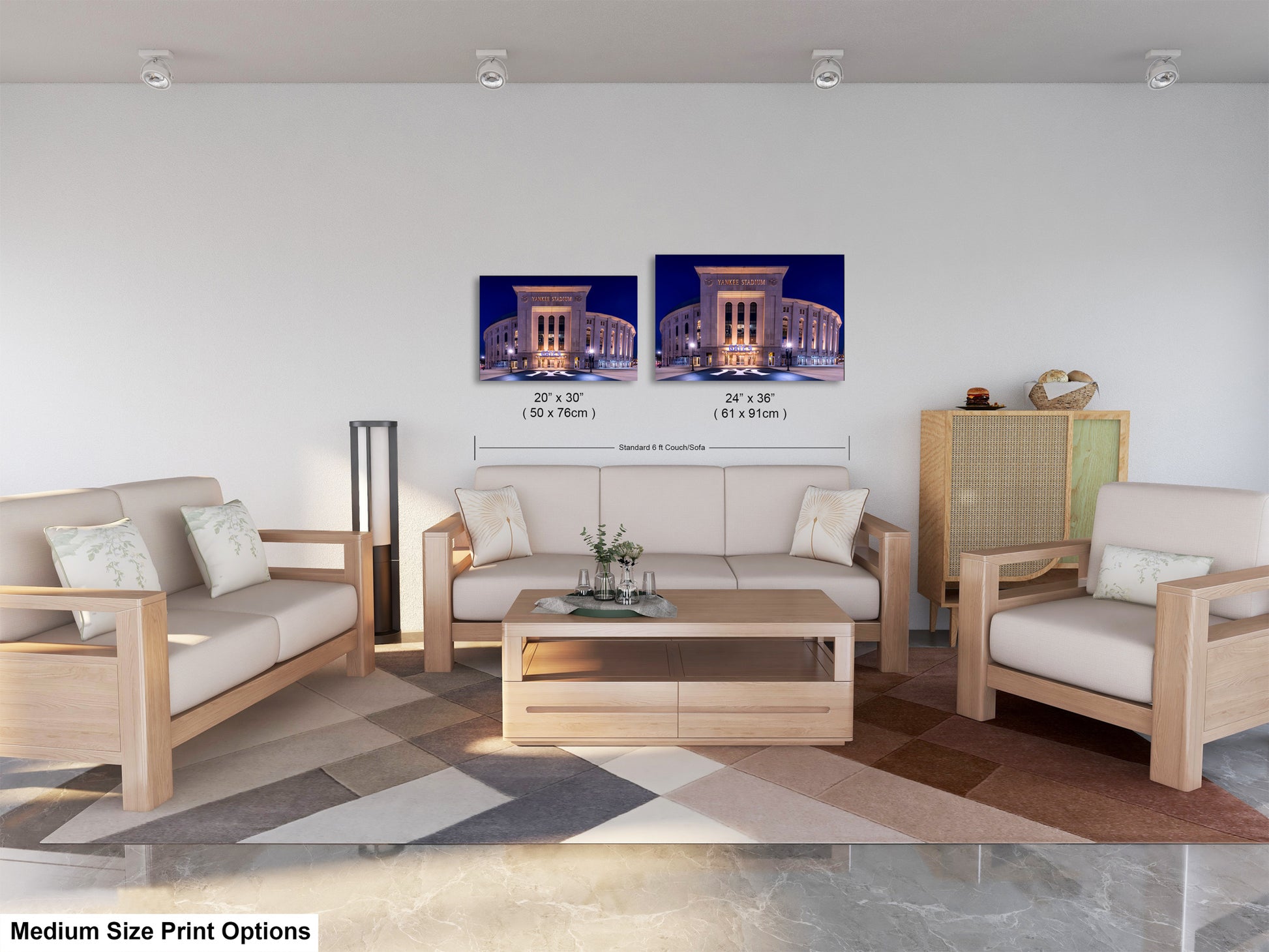 a modern living room with a white sofa, two chairs, and a coffee table. There are two framed pictures of a building on the wall, and the text indicates that the image is a medium size print option.