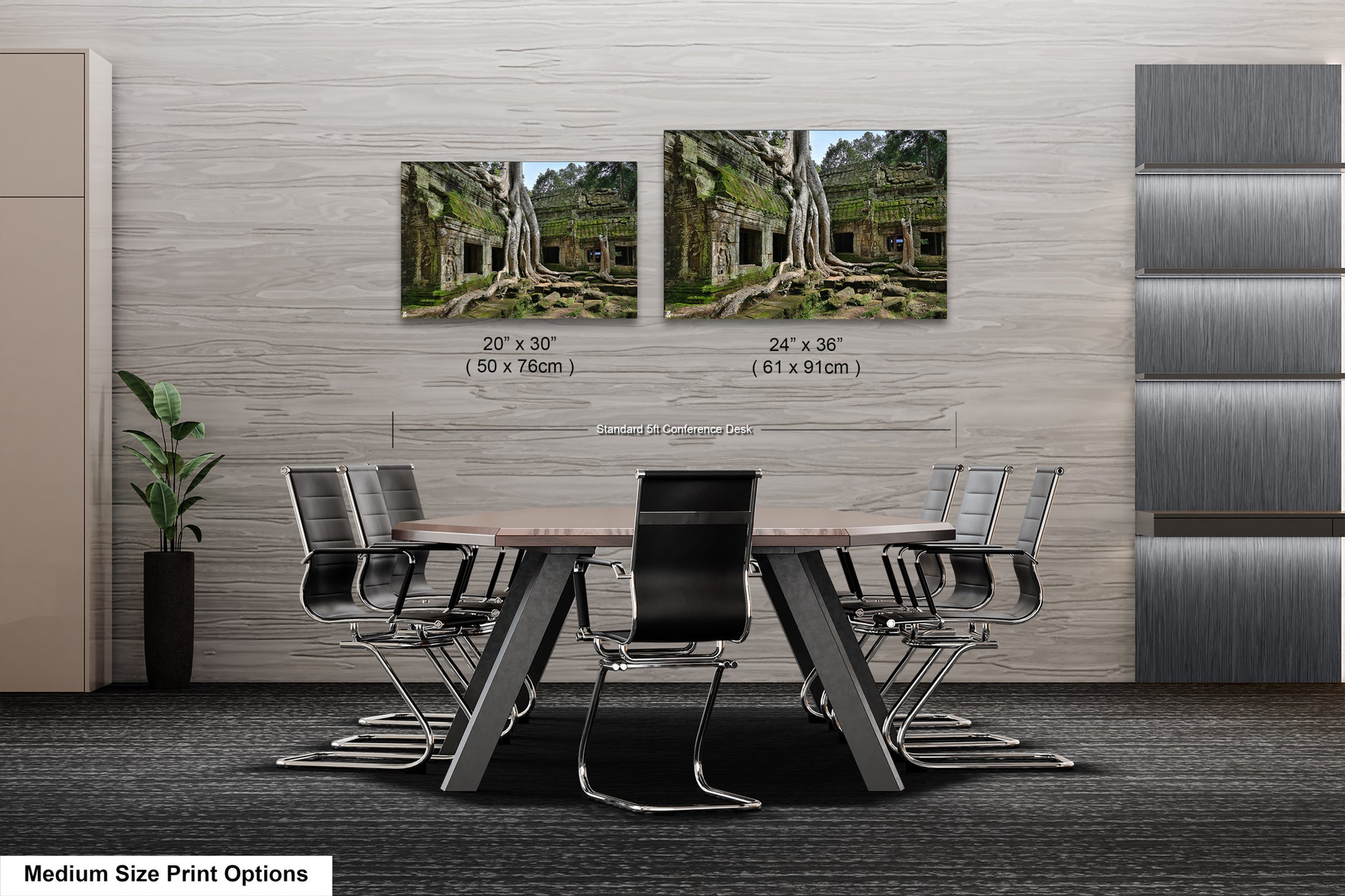 a dining room table with chairs and two pictures on the wall