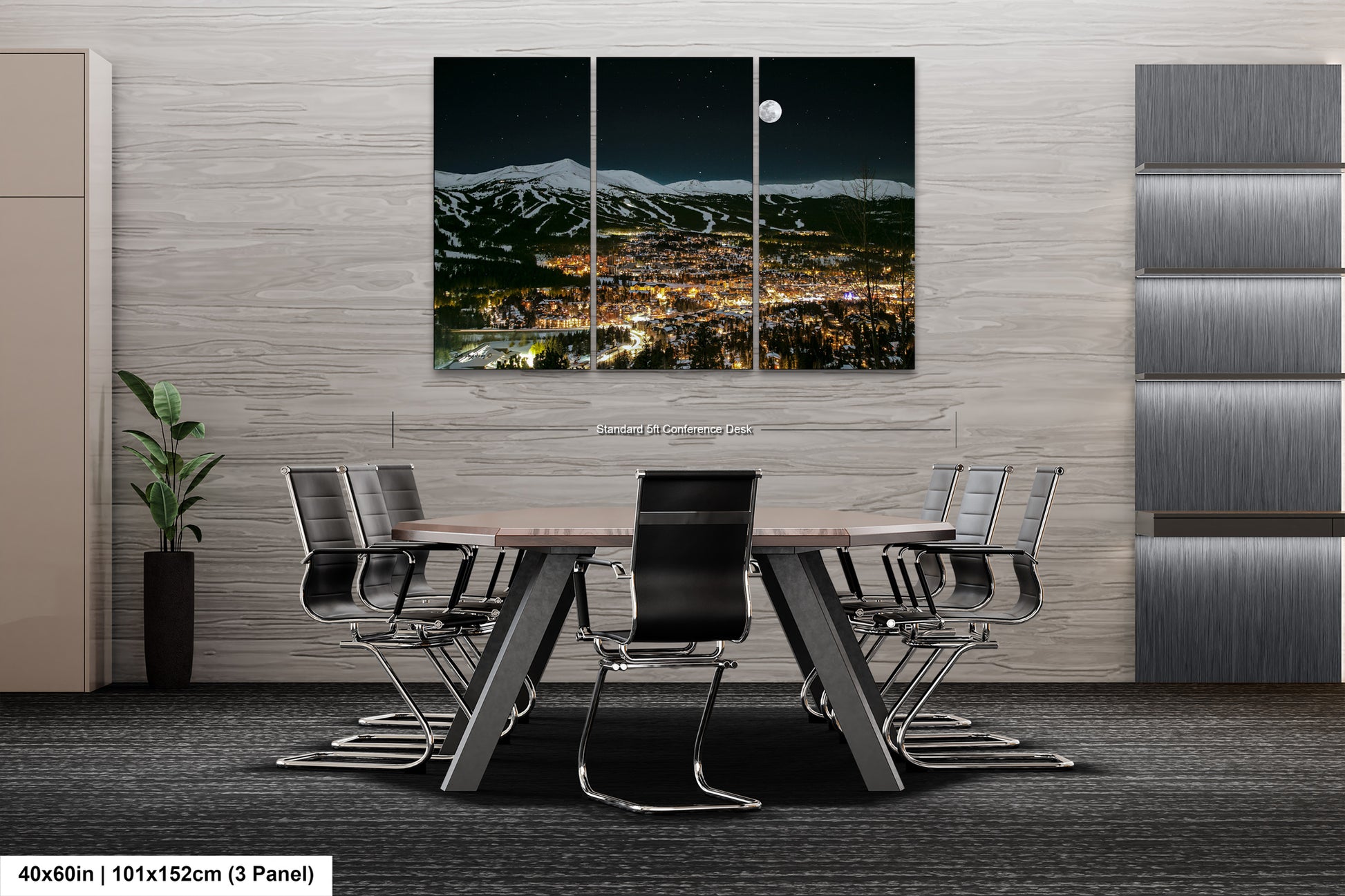 a dining room with a table and chairs and a panoramic view of a
