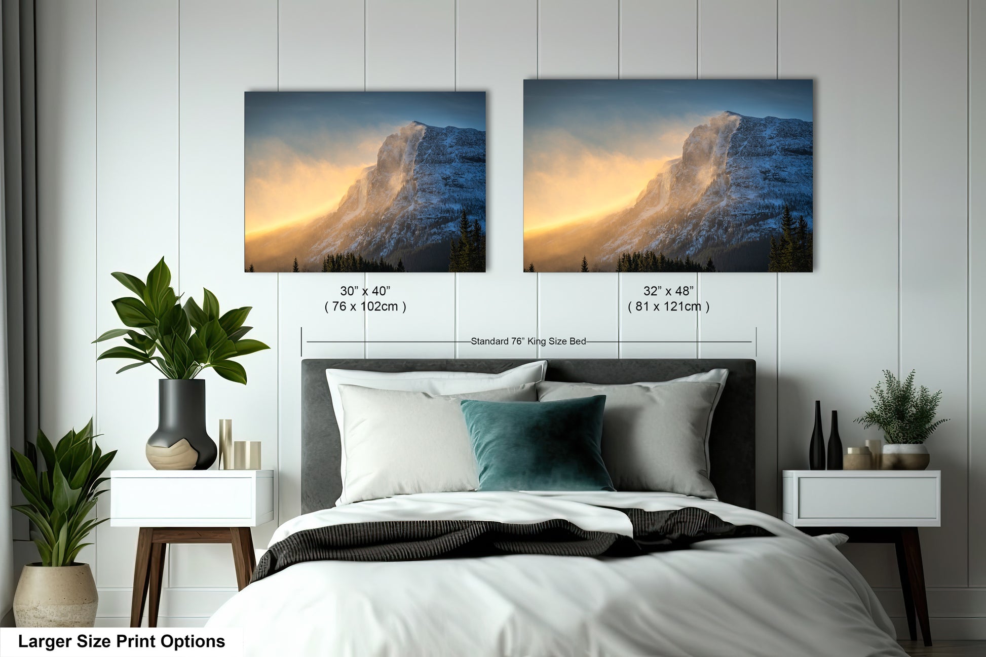 a bedroom with a bed and two pictures on the wall
