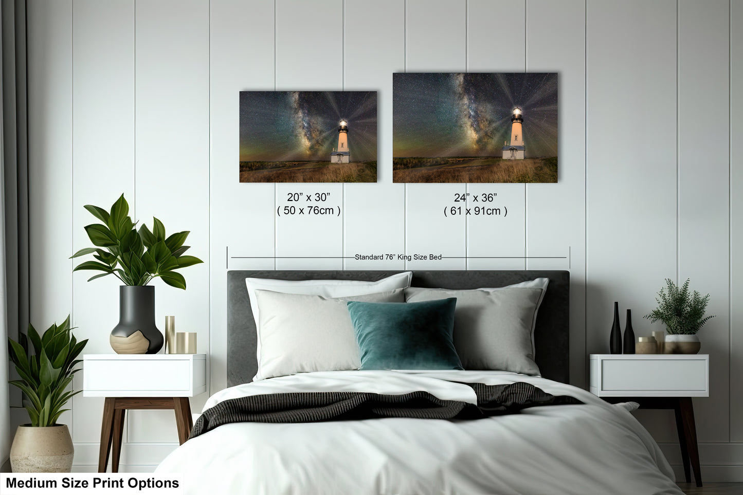 a bedroom with a bed and two pictures on the wall