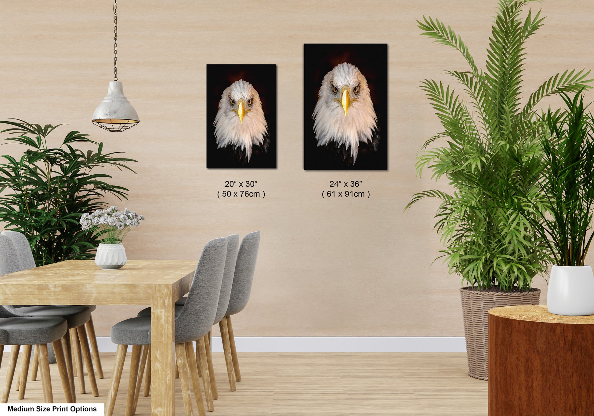 a dining room with a table and chairs and a picture of a bald eagle