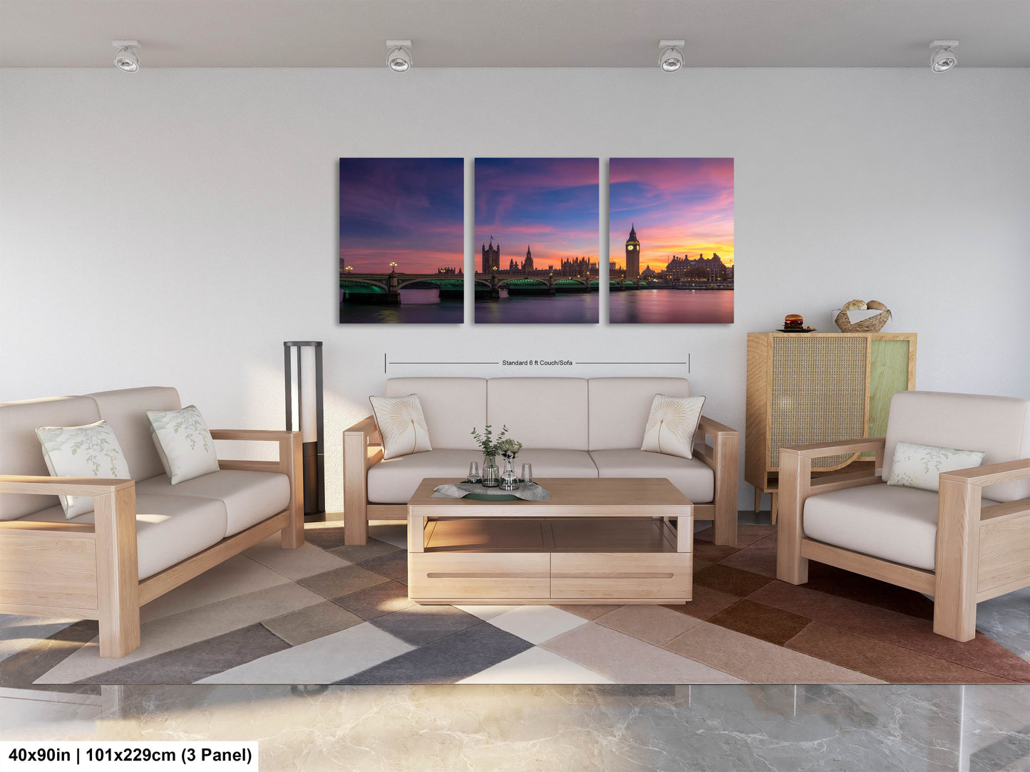 a living room filled with furniture and a painting on the wall