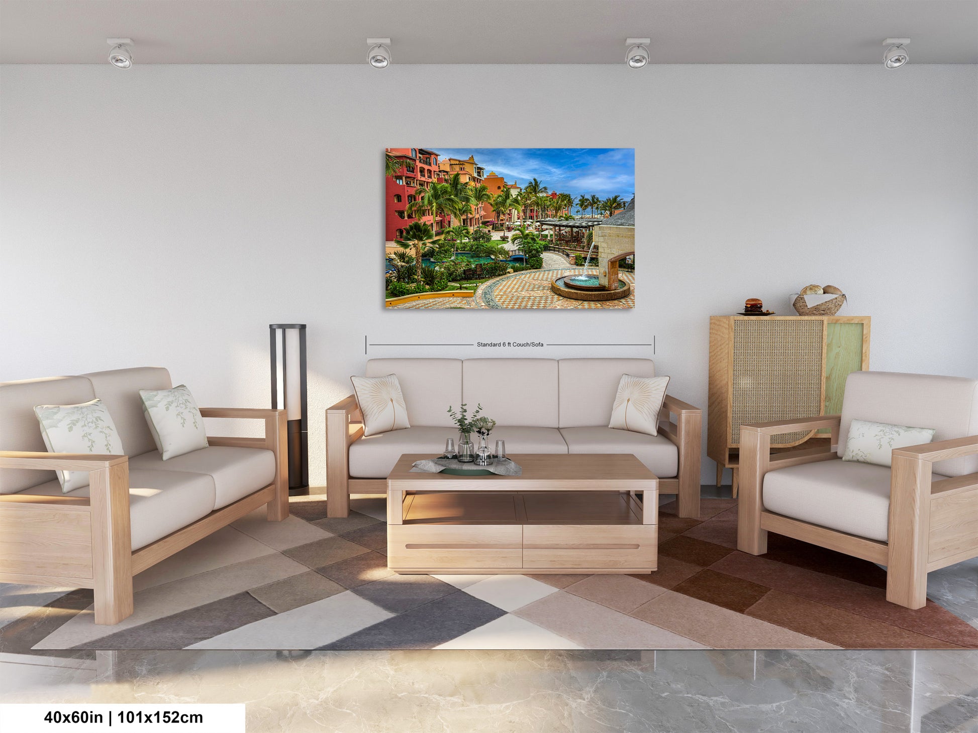 a living room filled with furniture and a painting on the wall