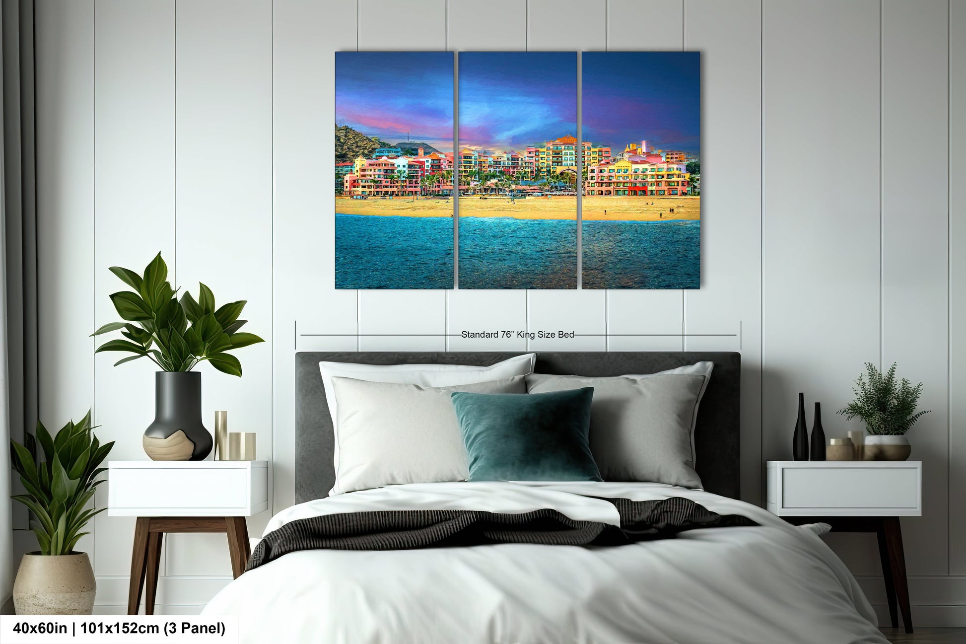a bedroom with a large bed and a painting on the wall